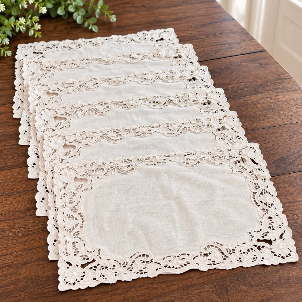 Vintage White Linen Placemats Set of 6 Battenburg Lace Floral 17x12